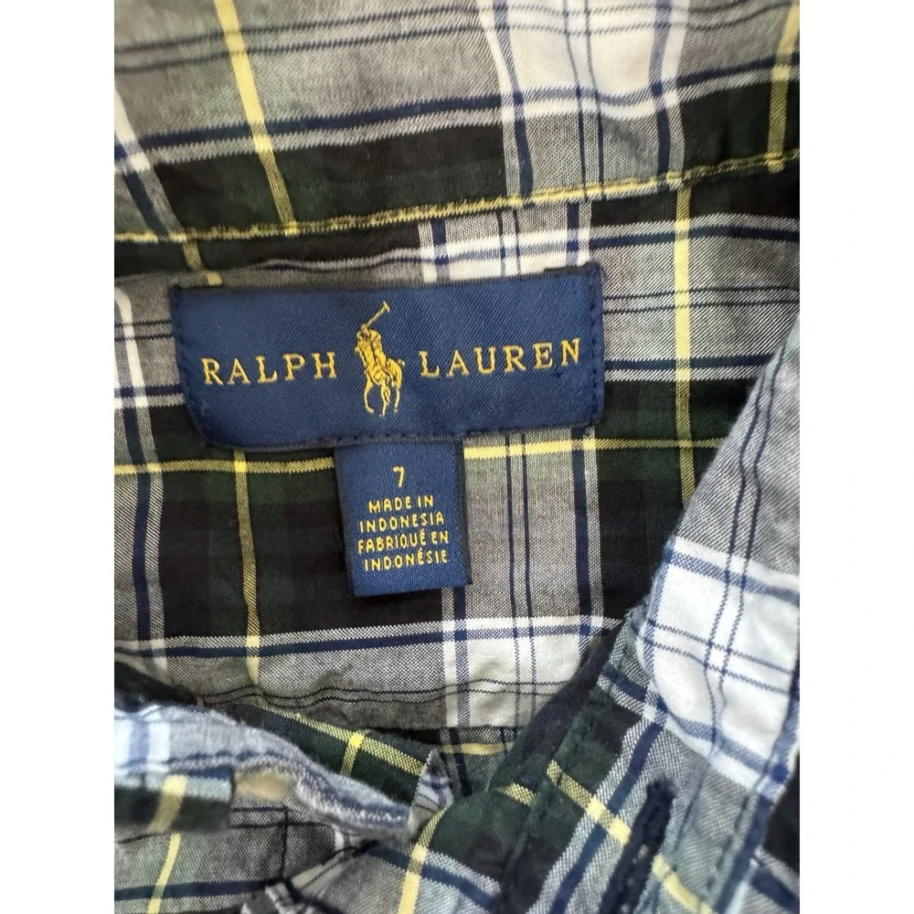 Ralph Lauren‎ Polo Boys Size 7 Blue Green Plaid Button-Down Dress Shirt Preppy